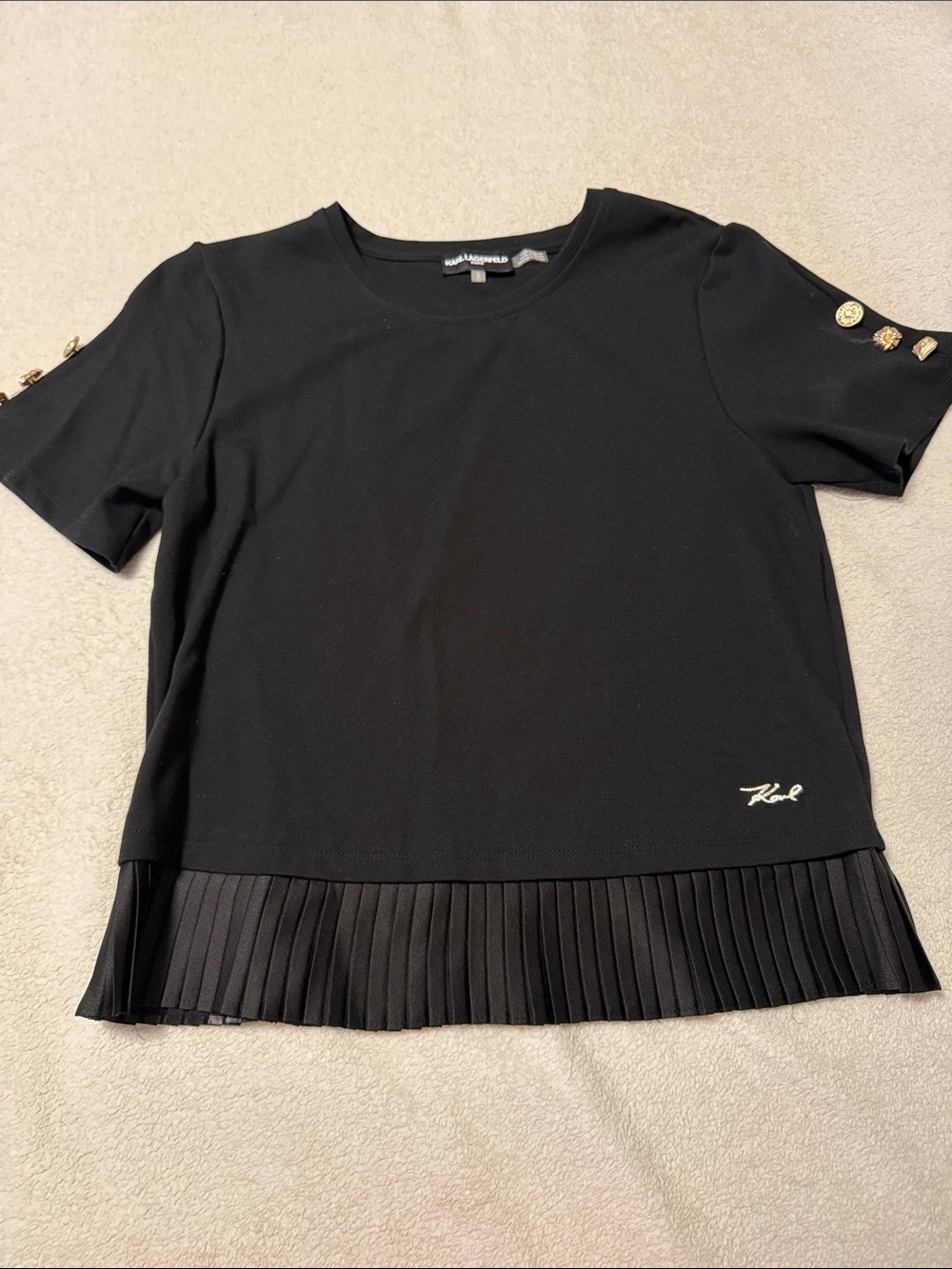 Karl Lagerfeld Black Short Sleeve Top with Gold Button Detail